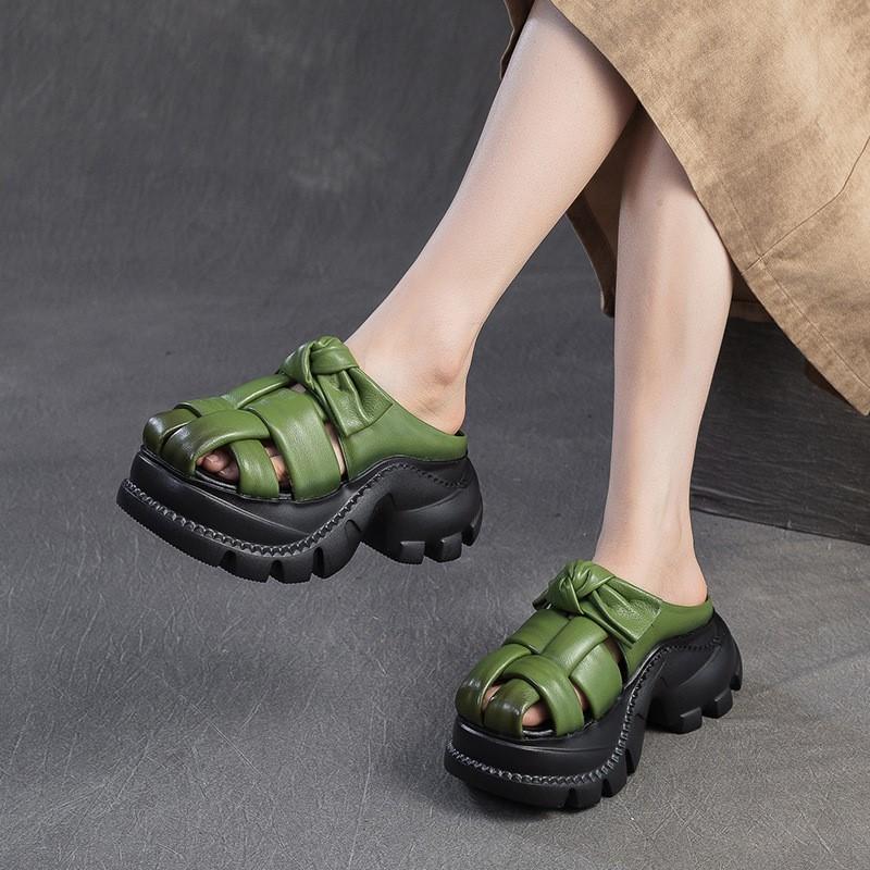 Fashion GKTINOO Retro Height Increasing Genuine Leather Slippers 2025 Summer New Hollow-out Lightweight Women's Platform Shoes