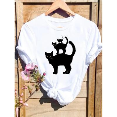Cat Funny Trend Cute Fall Autumn T-shirts Clothing Short Sleeve Halloween Thanksgiving Festival Women Female Top Graphic Tee