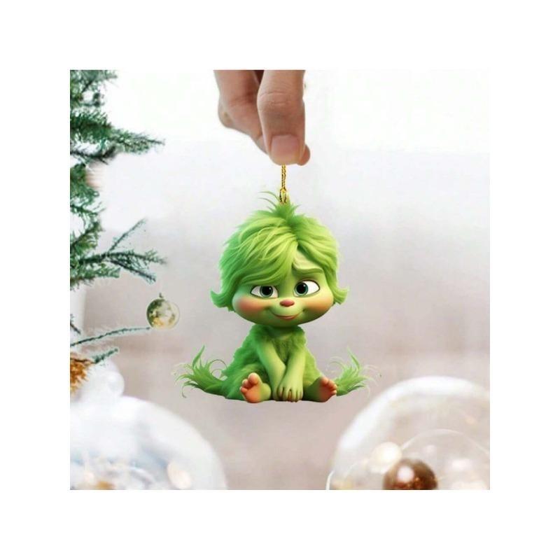 Acrylic Flat 2D Christmas Tree Pendant, Mirror Green Hair Monster - for Holiday Decorations, Halloween, Thanksgiving Flat Christmas Tree Pendant