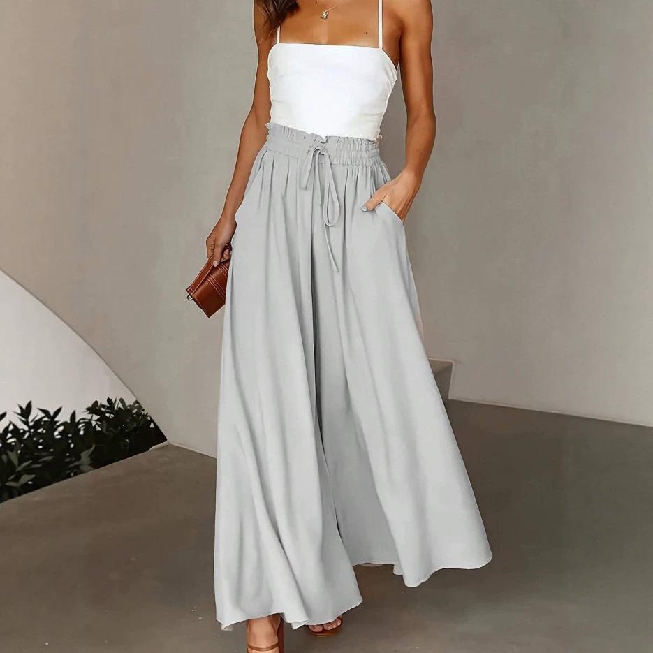 New European American Style Women's Summer Casual High Waist Wide Leg Long Culottes Trousers With Elastic Waistband