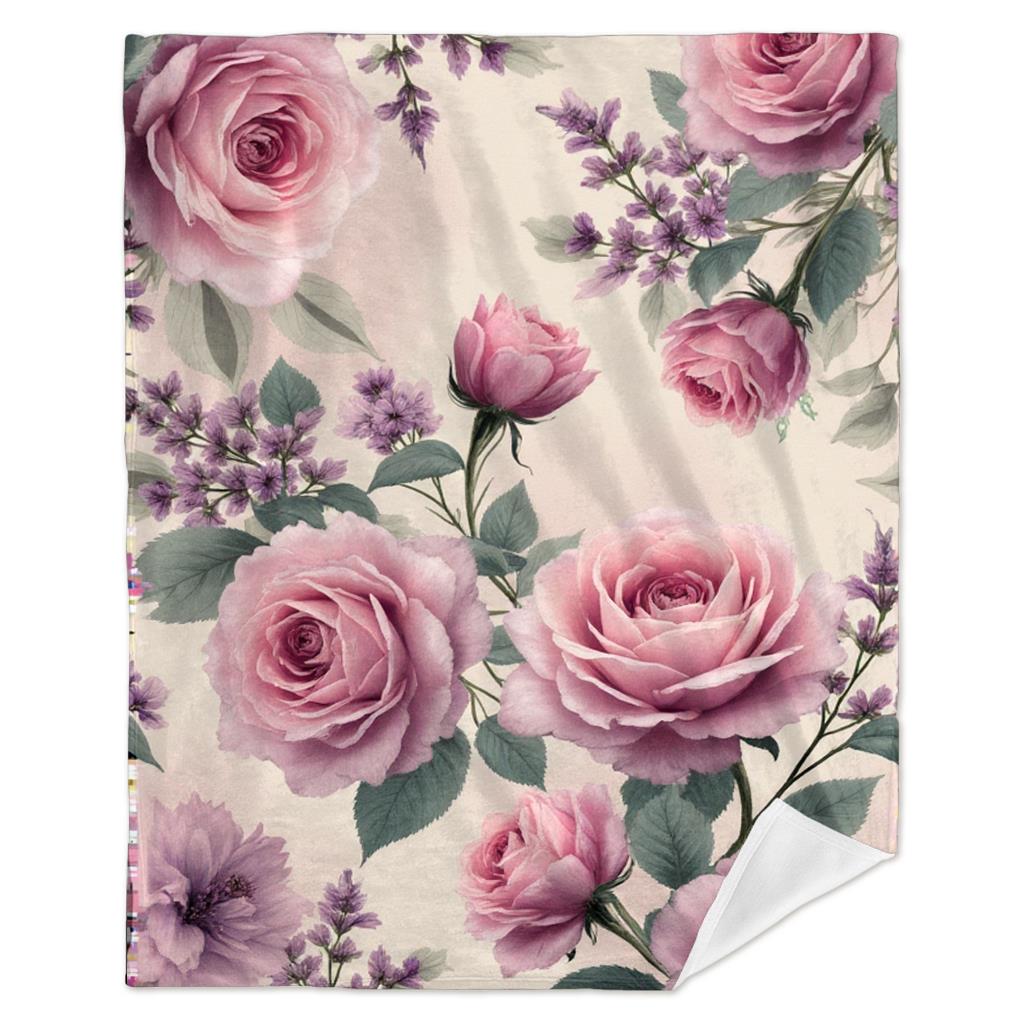 Pink Rose Floral Blanket Vintage Botanical Design With Lavender And Green Leaves Soft Fleece Throw For Bedroom Decor