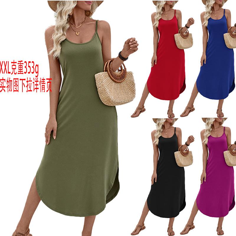 women's Casual U-Neck Spaghetti Strap Maxi Dress Loose Fit Solid Color Beach Sundress