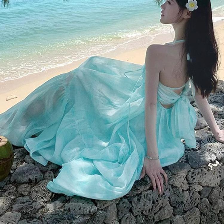 Mint Mambo Seaside Resort Atmosphere Beach Dress Design Sense Neck Dress Fairy Temperament Swing Skirt