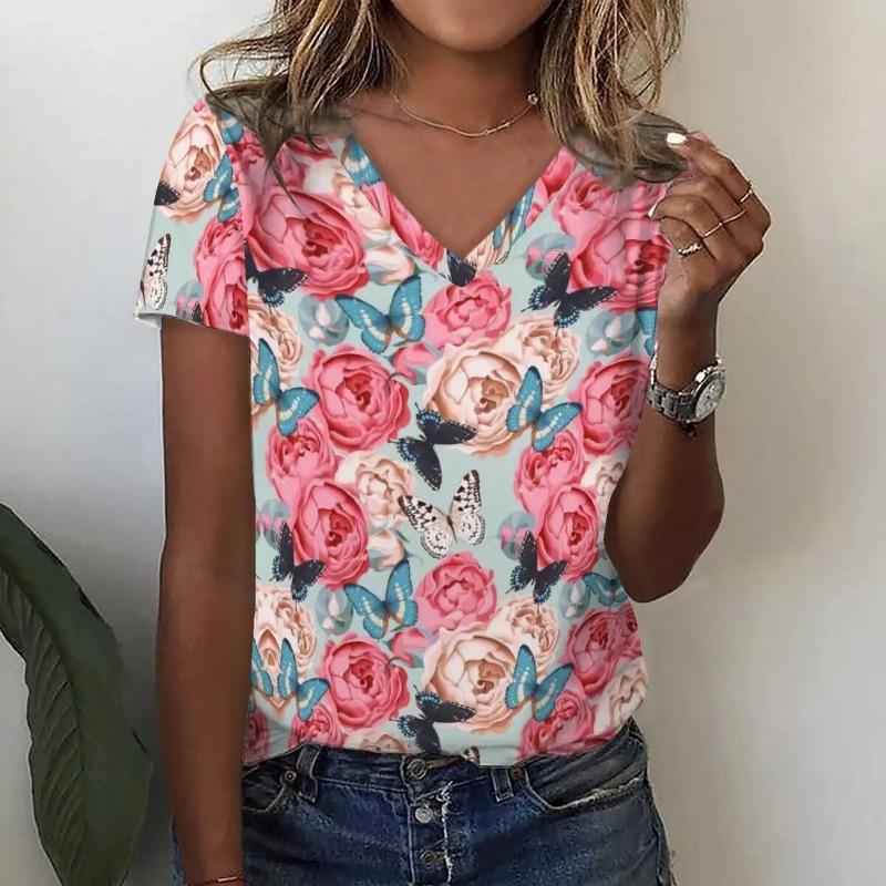 Fashion Sunflower Floral 3D Print T Shirt Summer Women V-Neck T-shirts Harajuku Streetwear Y2k Tees Top Woman Clothing Shirt