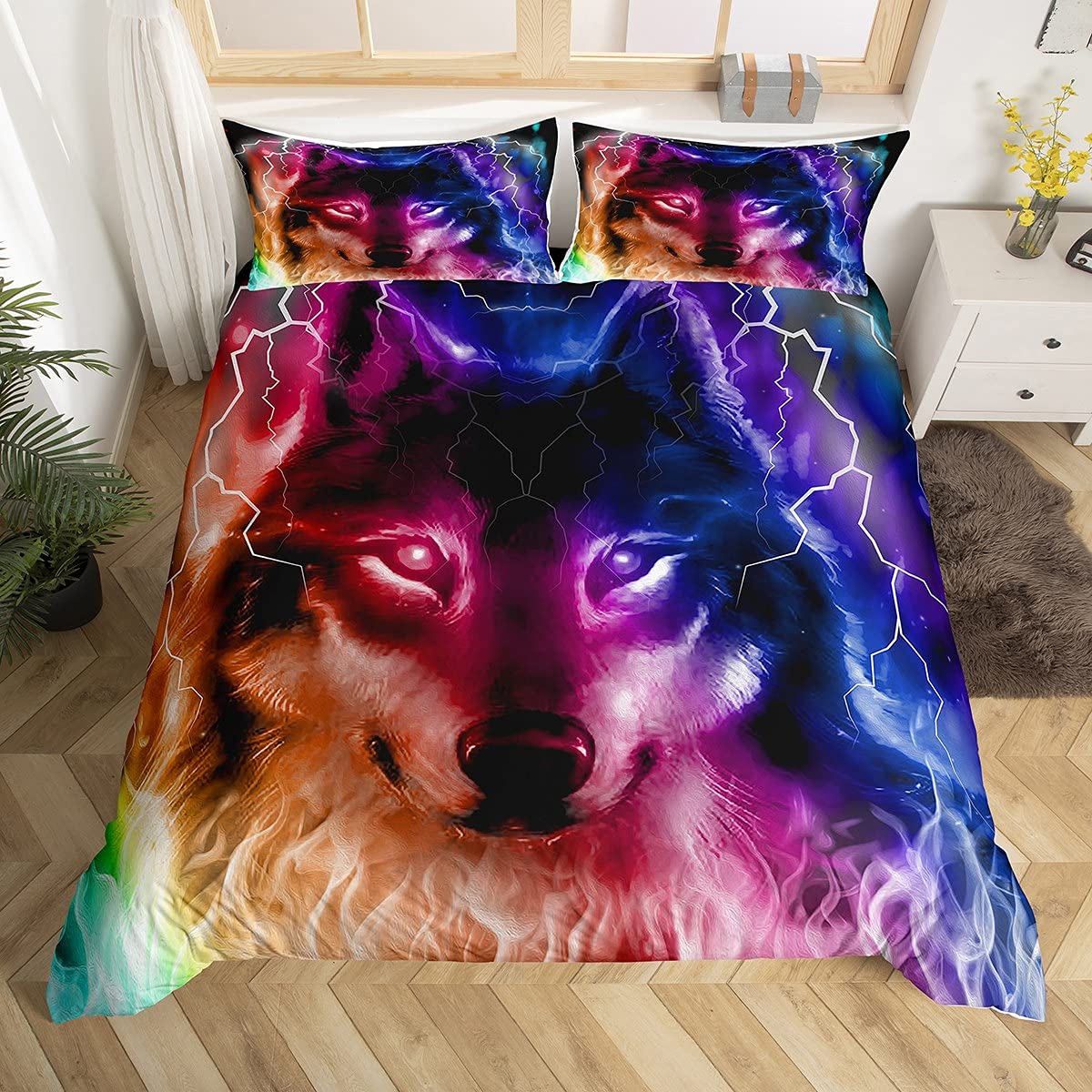 Galaxy Wolf Dekbedovertrek Set Full Size, Beddengoed Set voor Jongens Meisjes, Wolfshoofd Gedrukt Dekbedovertrek Set 1 Dekbedovertrek 2 Kussenslopen EU single(135x200cm)