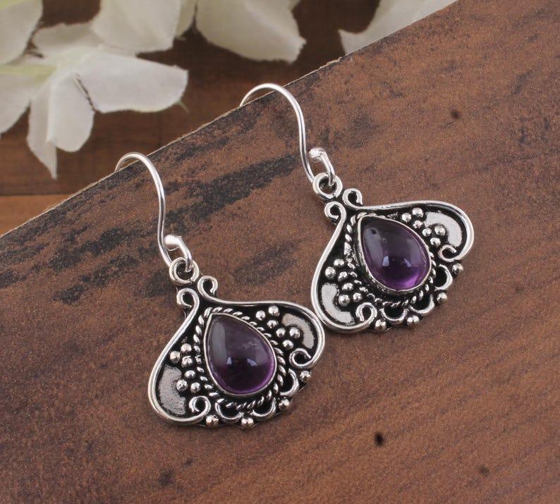 Solid 925 Sterling Silver Amethyst gemstone Boho Designer Birthstone gift Earrings Women Dangle Earring