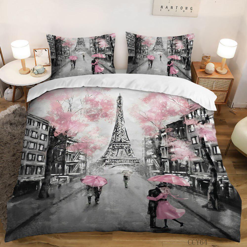 Comforter Eiffel Tower Bedding Set Queen Size Couple Valentine'S Day Comforter Set For Women Romantic Paris Room Decor