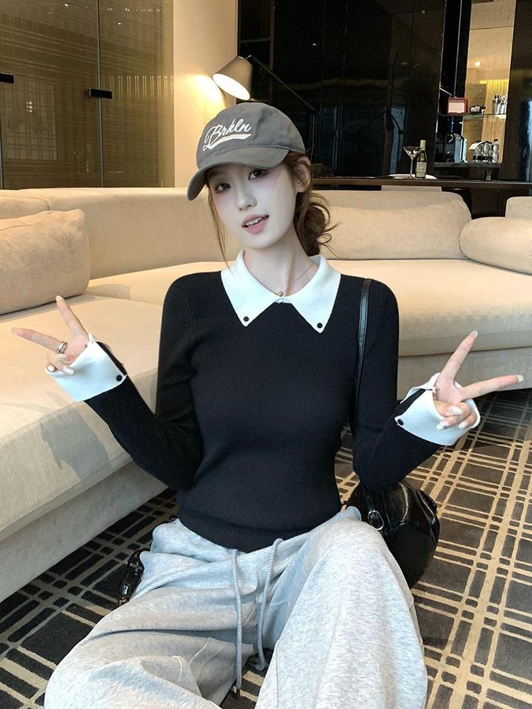 Niche Design Slim-Fit Two-Piece Knit Sweater - Women's Long-Sleeve Base Top for Autumn/Winter