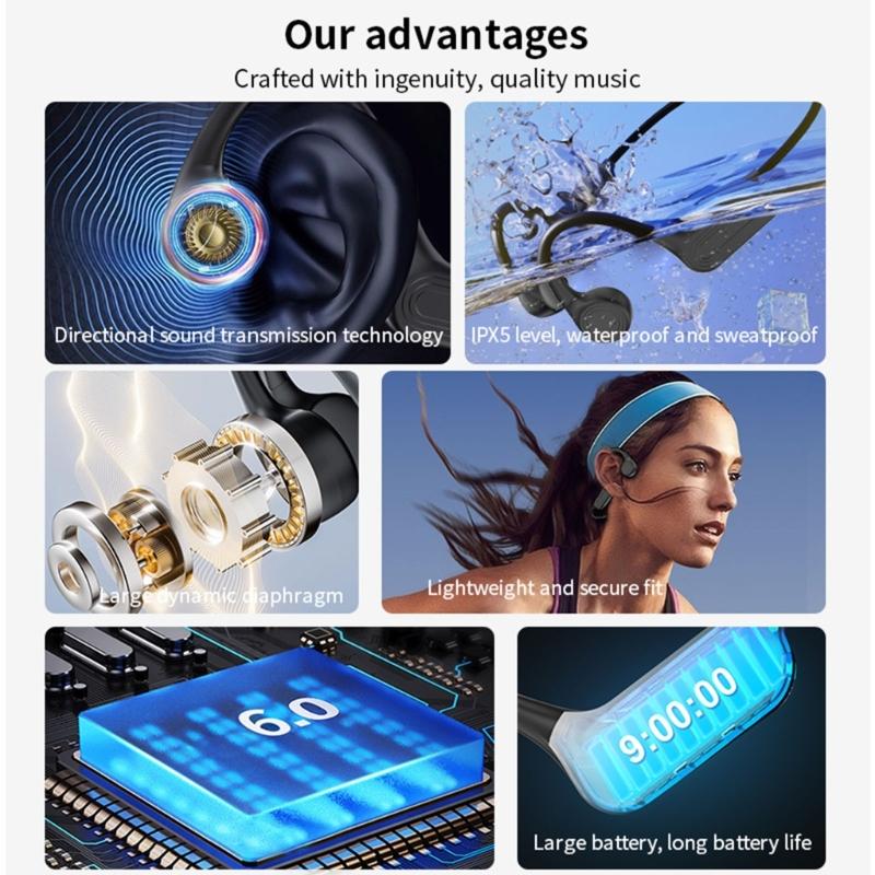 Wireless Open Ear Headphone Bone Conductions Technology Sweatproof Lightweight 8 Hour Battery for Outdoor Activities