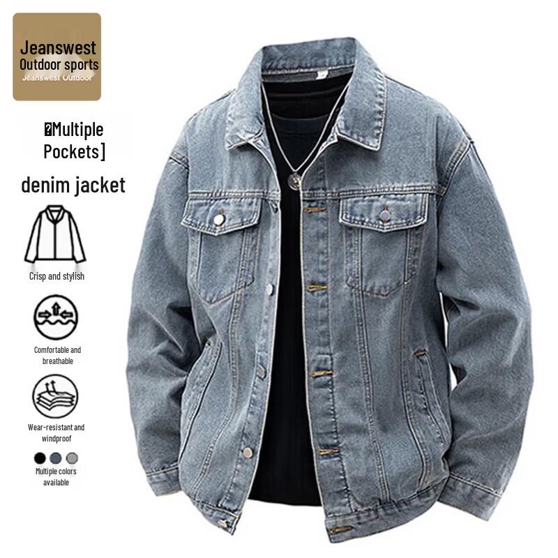 Men s Washed Denim Retro Lapel Jacket M синий