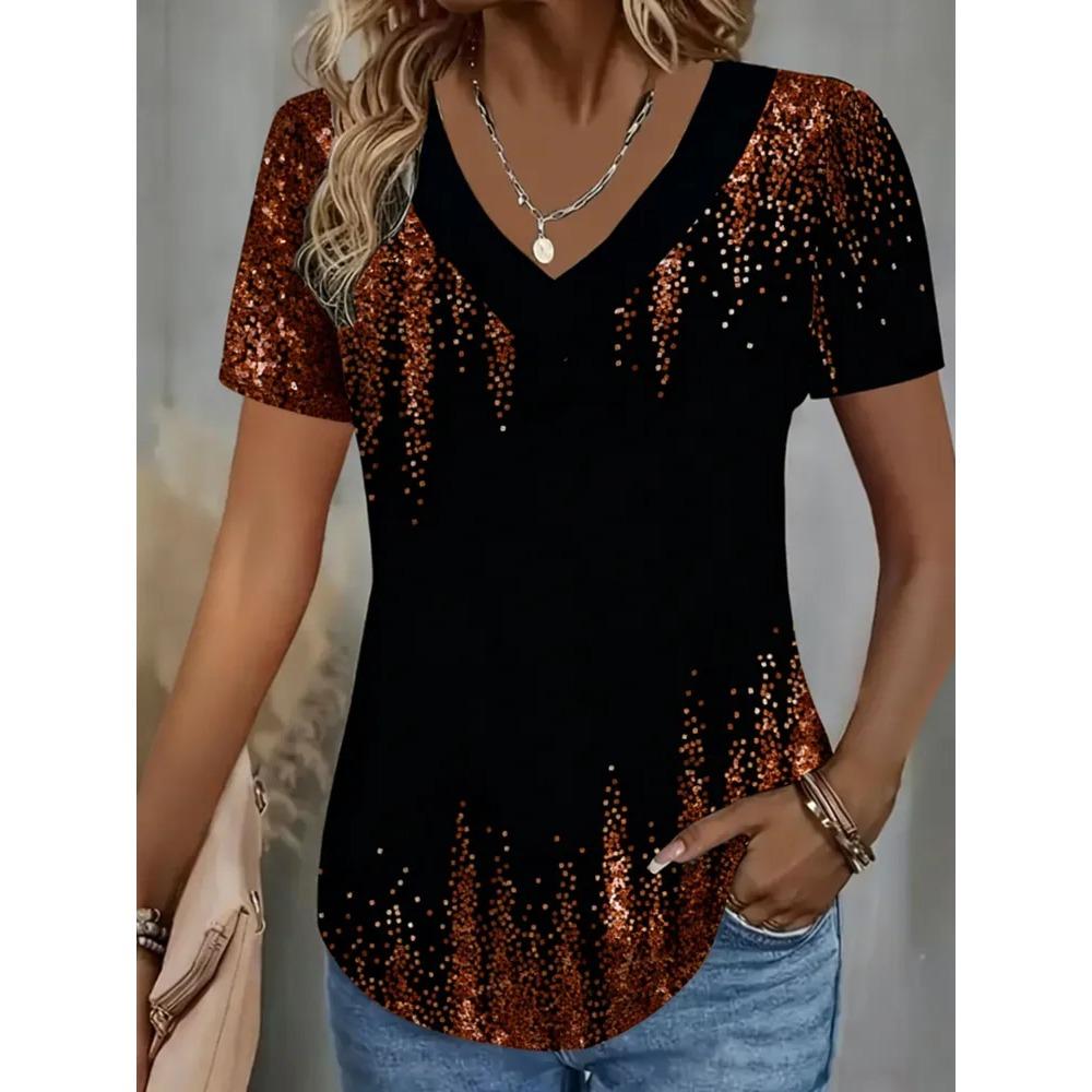 Creative Colorful Pattern Summer Soft Fashionable Comfortable Women's T-Shirts Casual Breathable Loose V-Neck Short-Sleeve T-Shirt
