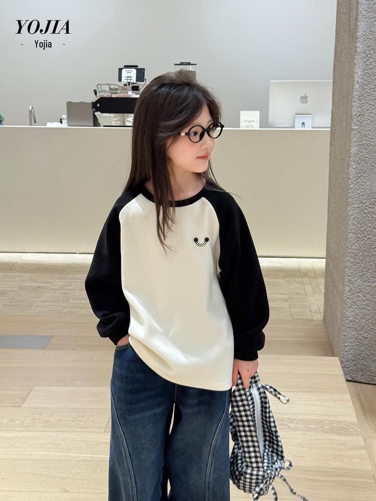 YOJIA Girls' Fleece-Lined Long-Sleeve T-Shirt - Winter 2025 Fashionable Base Layer for Little Girls