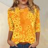 Women’s Casual Three Quarter Sleeve Floral Print Crew Neck Top Loose Fit Lightweight Blouse for Daily Wear and Office