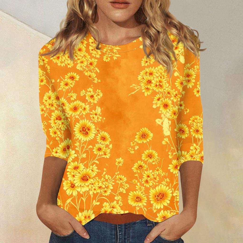 Women’s Casual Three Quarter Sleeve Floral Print Crew Neck Top Loose Fit Lightweight Blouse for Daily Wear and Office