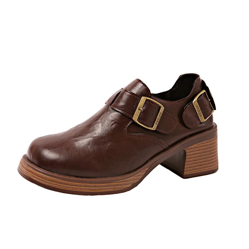 

Fashion Women s Thick Heel Shoes Spring New Square Head Deep Mouth Metal Buckle Thick Sole Anti-slip Wear-resistant High Heels 35