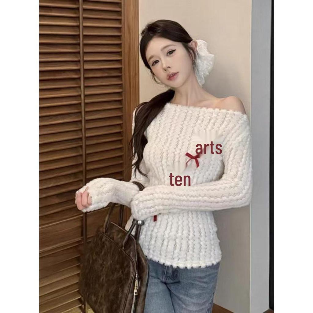 Women's Off-Shoulder White Slim-Fit Pullover Sweater with Bow Detail