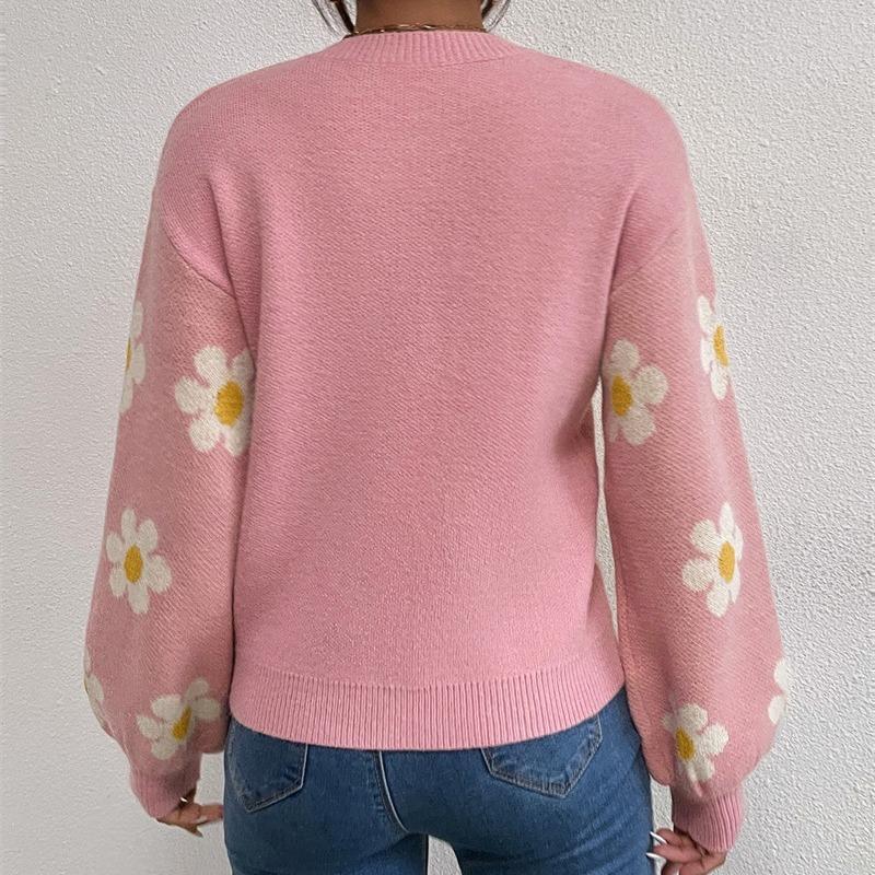 Autumn Winter New College Style Flower Knitted Coat Loose Fashion Round Neck Pullover Print Long Sleeve Sweater Women's Tops