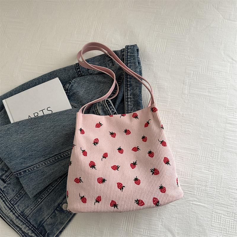 Large-capacity Bag Women's 2025 Summer New Corduroy Strawberry Print Going Out Versatile Shoulder Bag Commuter Tote Bag