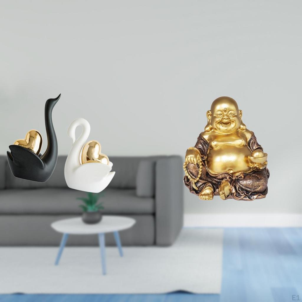 Elegant Swan And Maitreya Buddha Figurines Tabletop Ornaments Artistic Couple Decor Feng Shui