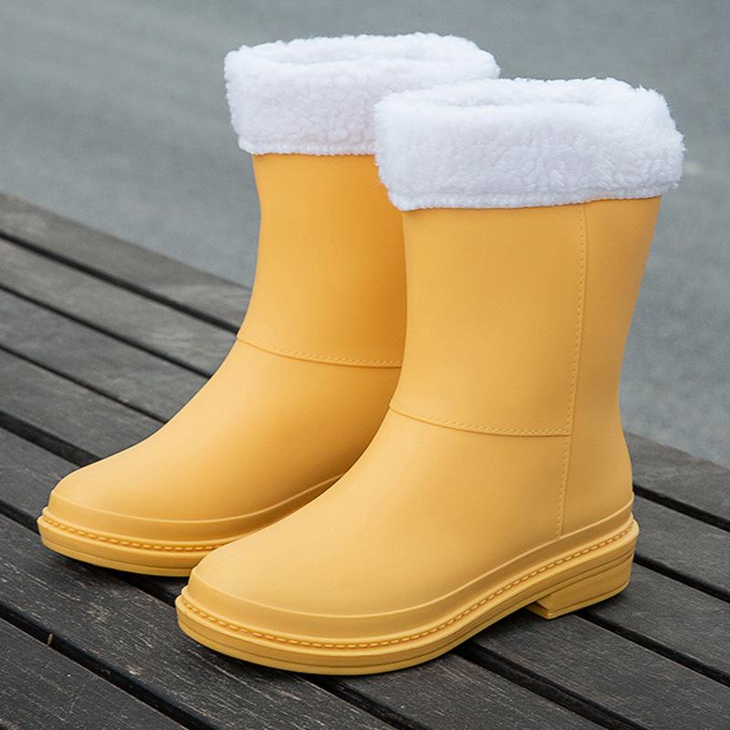 Waterproof rain boots medium tube velvet rain shoes women wear non-slip students warm rubber shoes wear-resistant work water shoes winter