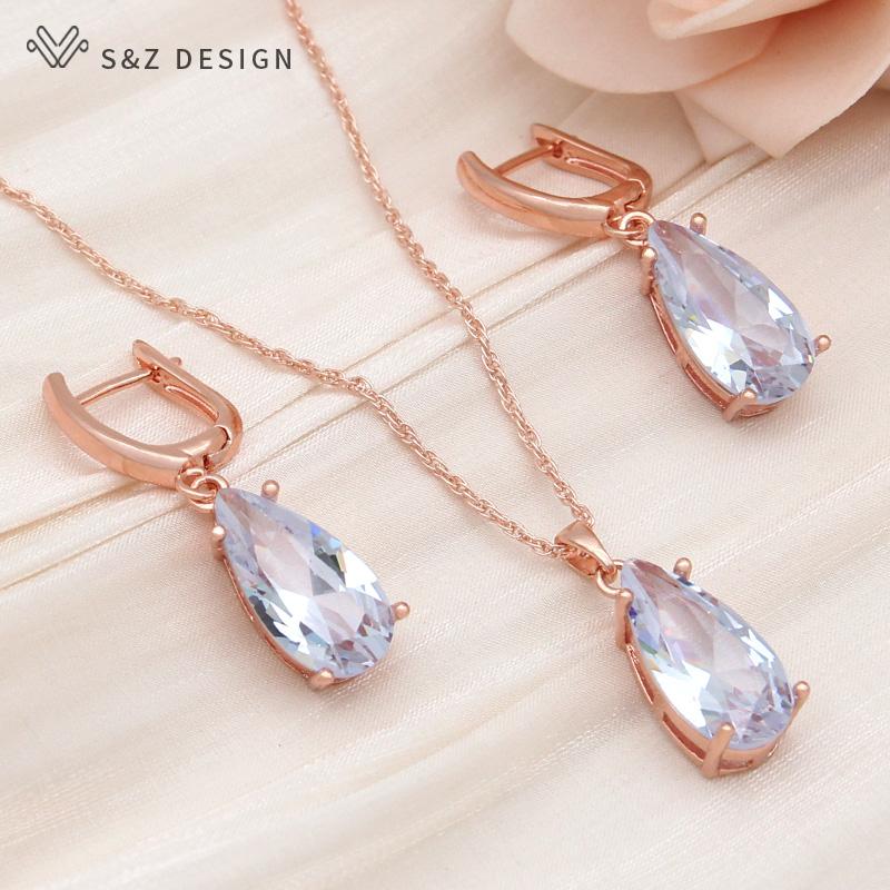 Fashion Water Drop Cubic Zirconia Dangle Earrings Jewelry Sets For Women Wedding Rose Gold Color Necklace