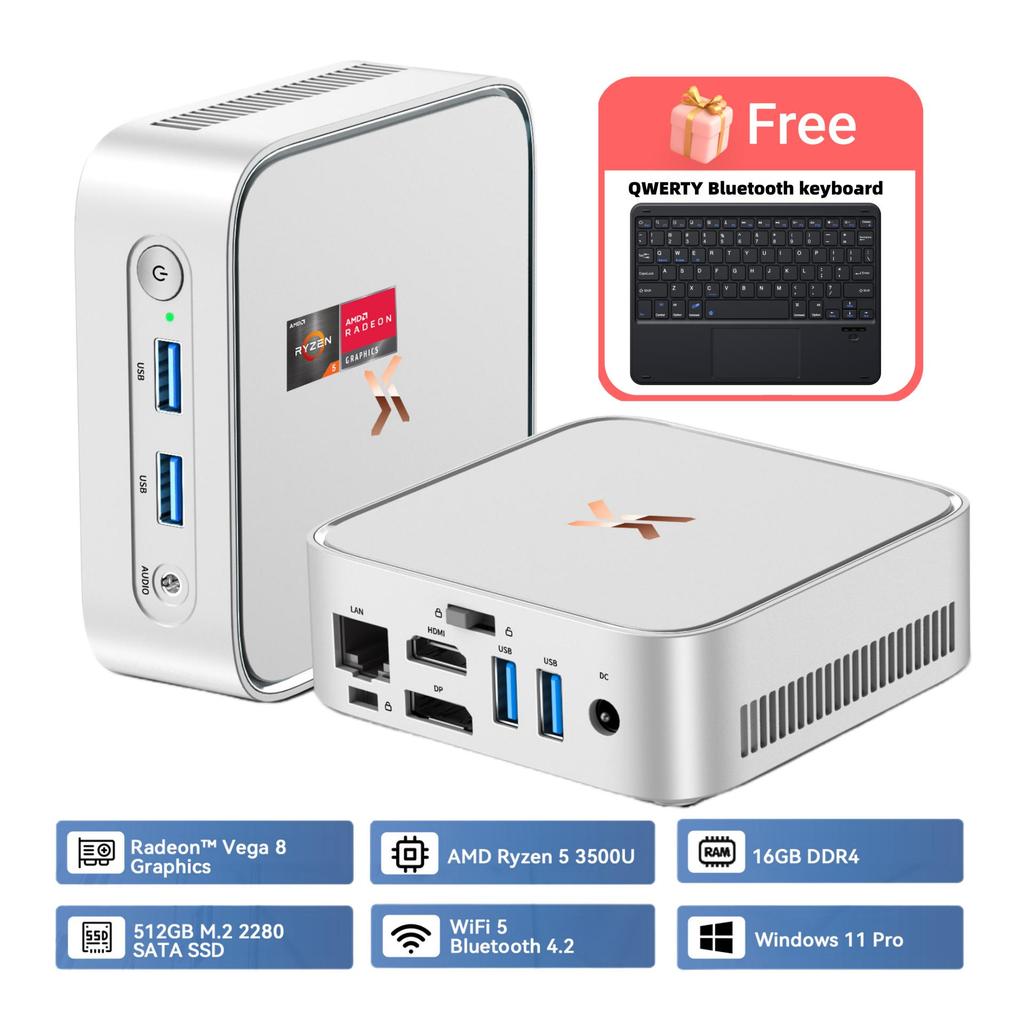 HUIDUN H80 3500U Avec Clavier QWERTY Mini PC avec AMD Ryzen™ 5 16 Go de RAM + 512 Go de SSD AMD Radeon™ RX Vega 8 Windows 11 Pro