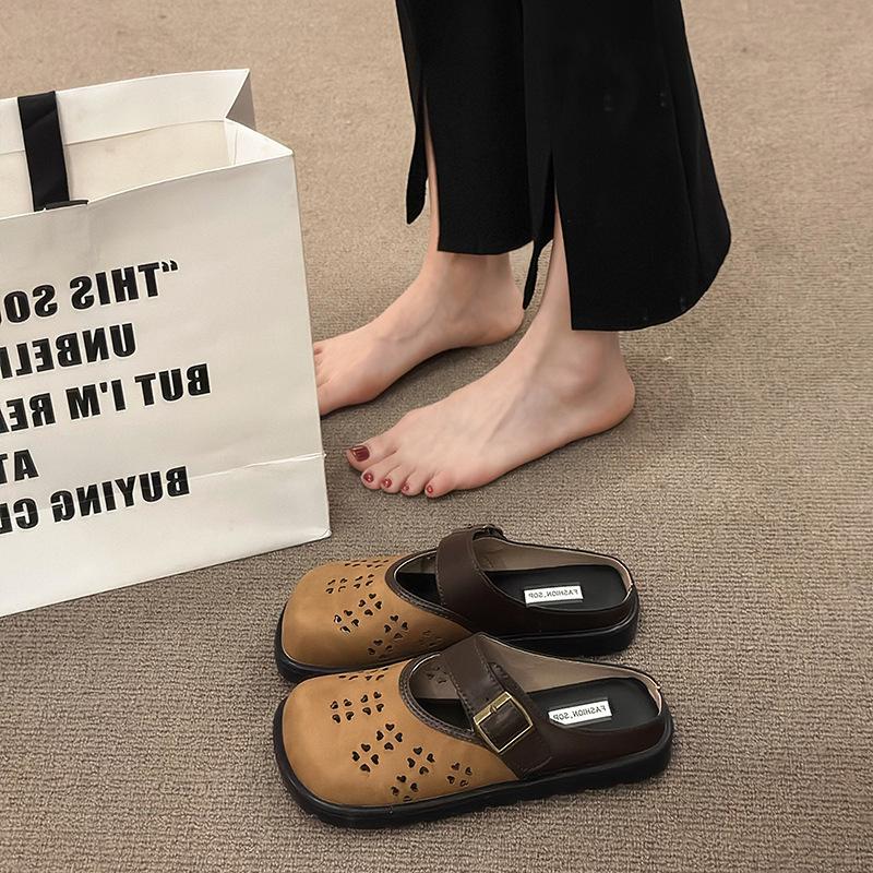 2024 summer new outer wear bag head slippers women's retro versatile Muller shoes square head one pedal half drag hole shoes