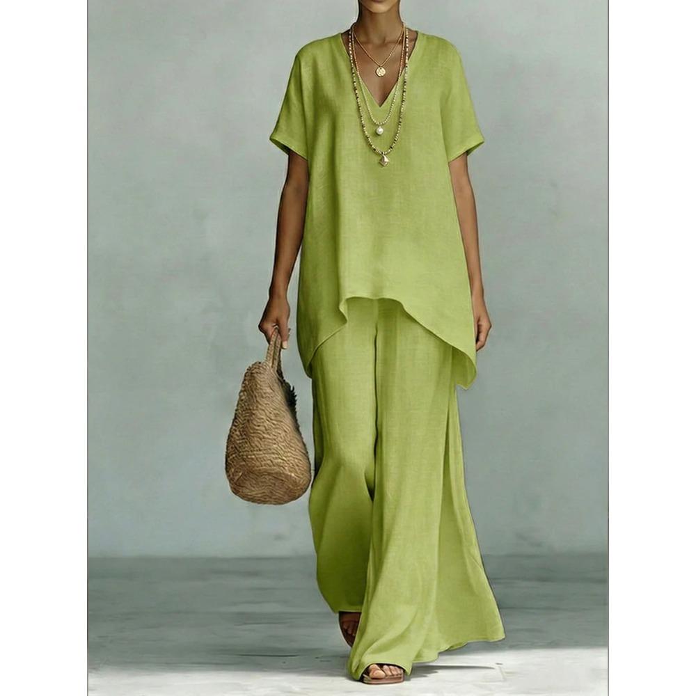 Women's Loose Fit Two-Piece Tracksuit Short Sleeve V Neck Top High Waist Wide Leg Pants