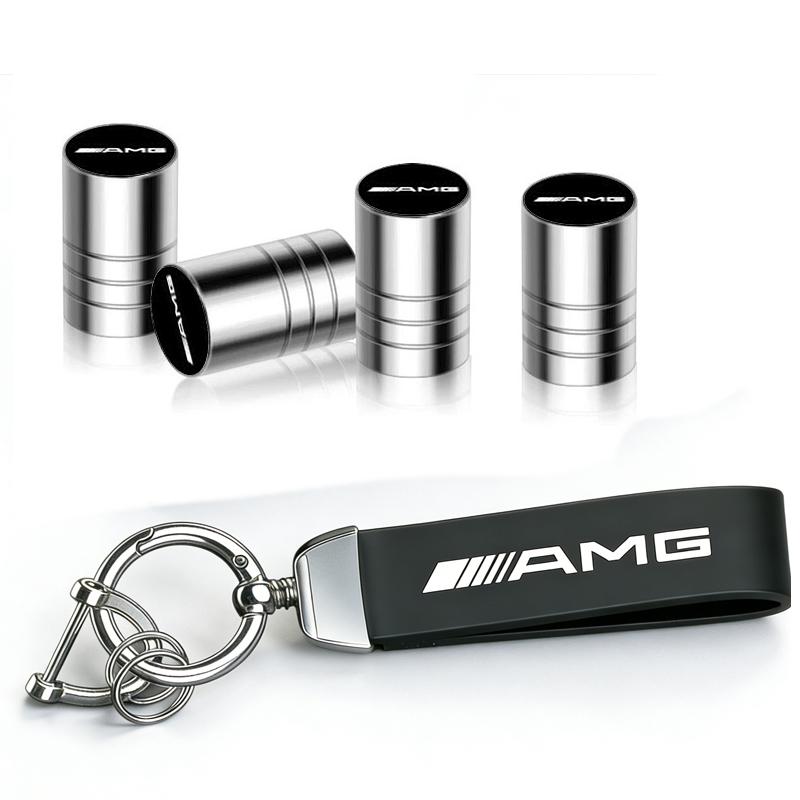 5Pc Car Tire Wheel Valve Caps Cover Leather Car Key Chain Ring Keychain For Mercedes Benz AMG W203 W206 W220 W205 W211 W212 W201