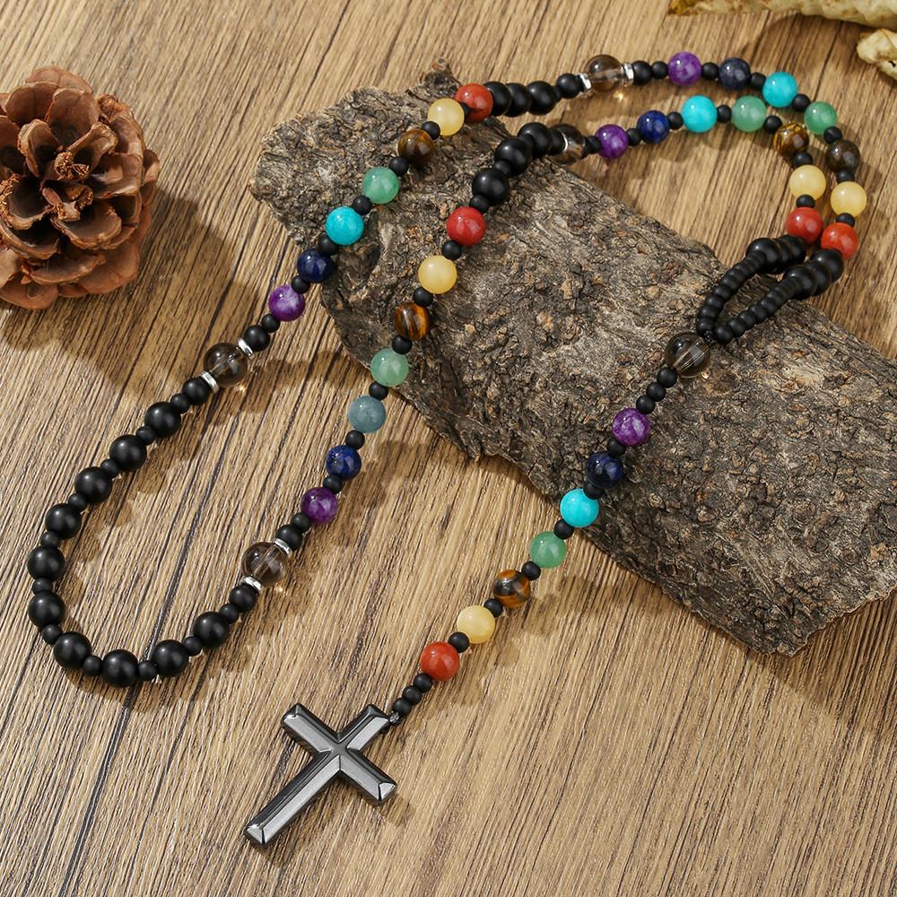 Natural Stone Black Agate Tigers Eye Cross Necklace For Men Hip Hop Jewelry
