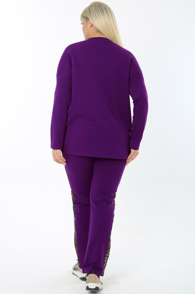 Damenmode Große Größe Trainingsanzug Set Übergröße Baumwolle Lila Hose Trainingsanzug Set mit Leopardenmuster-Verzierung an der Seite und Taille