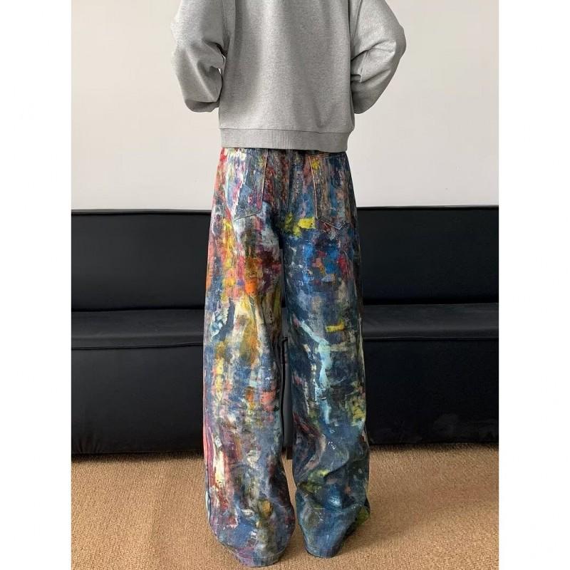 Mens Straight Fit Denim Pants With Hand-Painted Graffiti Art Mid-Rise Cotton Jeans Casual Wear