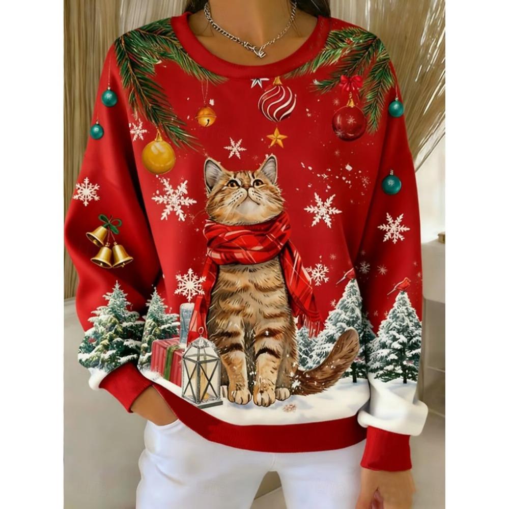 Christmas Women's Red Sweatshirts Cat Graphic Casual Long Sleeve O-Neck Regular Tops Streetwear Casual Pullover Fall Winter