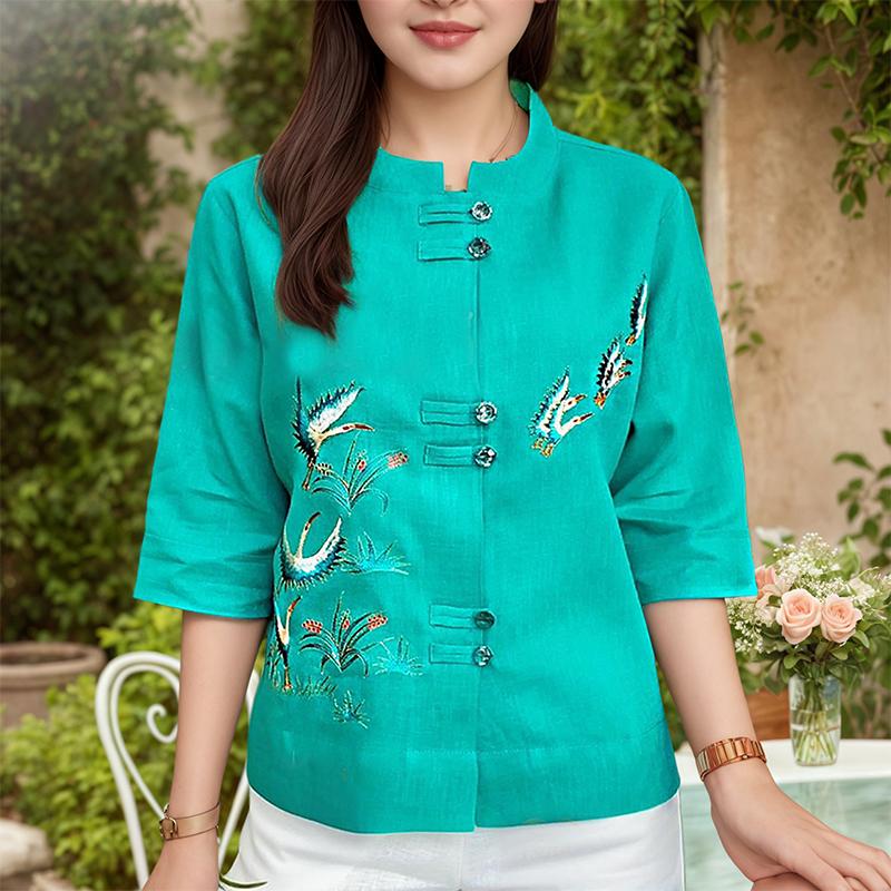 

ZANZEA Женская повседневная блузка с принтом, летняя, с рукавом 3/4 и воротником-стойкой 4XL зелёный