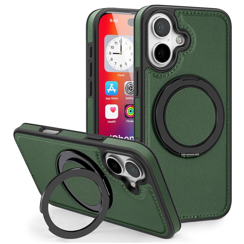 Etui do iPhone'a 16 z pierścieniem i podstawką, kompatybilne z MagSafe, tył z skóry PU