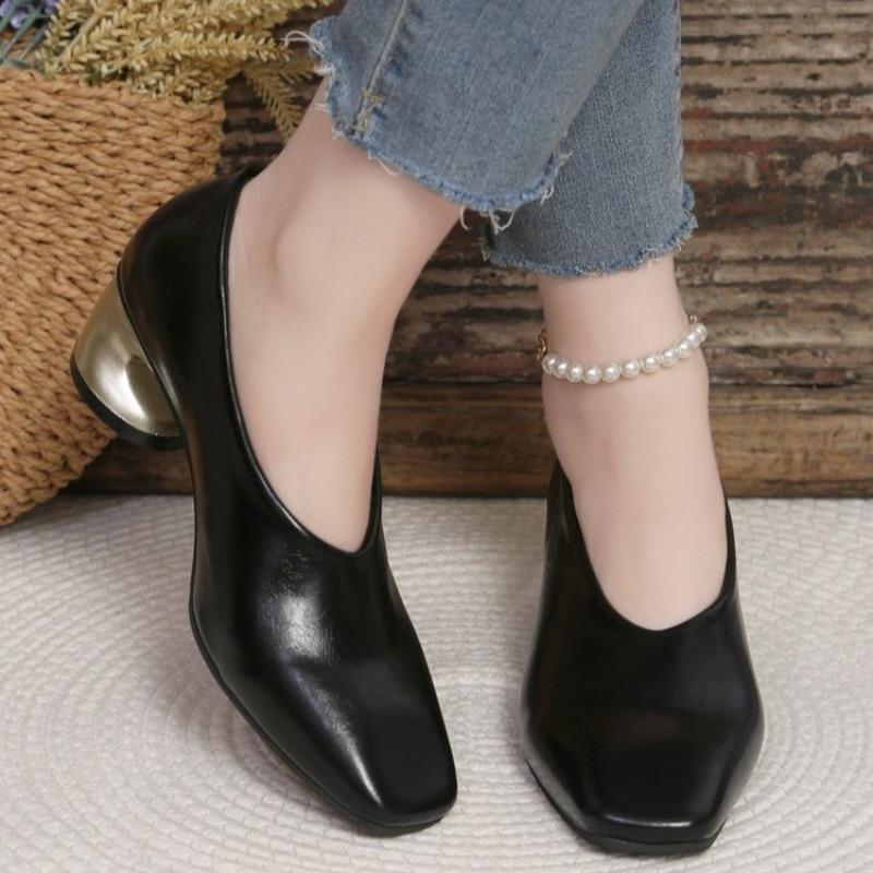 Fashion Summer New Square Head Shallow Mouth Single Shoes Women Fashion Set Foot Anti-slip Wear Opposite Sex Heel Shoes