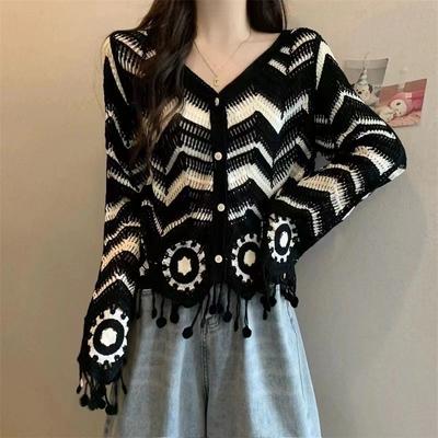 Lazy Style V-neck Fringe Sweater for Women's Spring Knitted Bottom, Unique Short Top