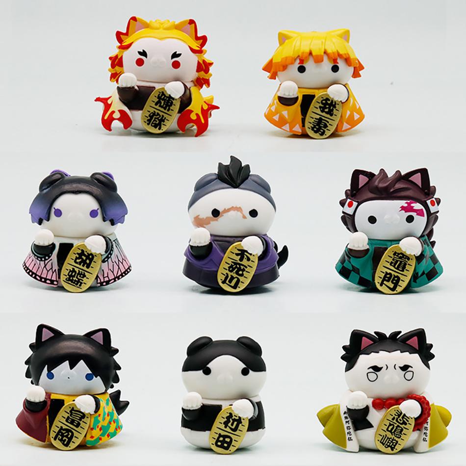 Demon Slayer Lucky Cat Anime Figure Blind Box Rengoku Tanjiro Inosuke Kawaii Cute Model Toy Desktop Car Ornaments Birthday Gift