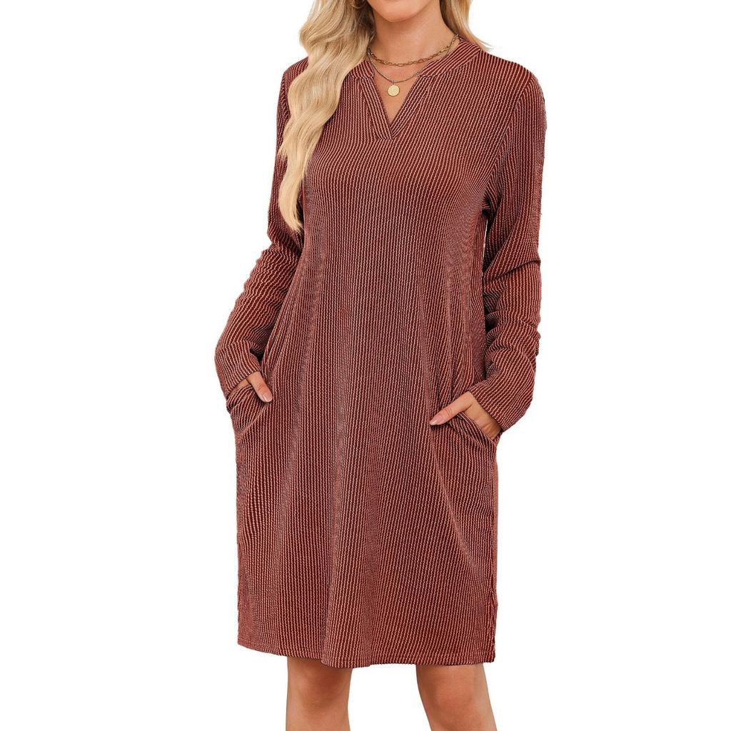 Fall Winter Women's Loose V-neck Long Sleeve Pocket Casual Loungewear Dress, European American Crossbody Fashion