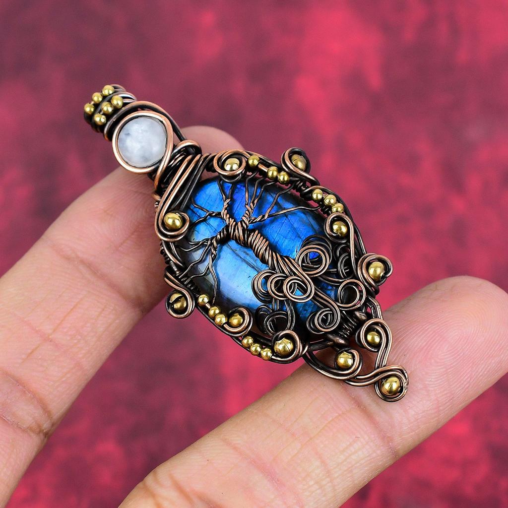 Tree of Life Labradorite Pendant Copper Wire Wrapped Pendant Handmade Pendant Rainbow Moonstone Pendant Gift for Her Gemstone Copper Jewelry
