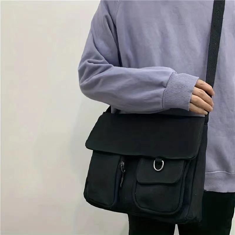 Japanese Harajuku Cute Retro Girl Shoulder Bag Chic Badge Canvas Crossbody School Bags Student Solid Color Messenger Bag Satchel