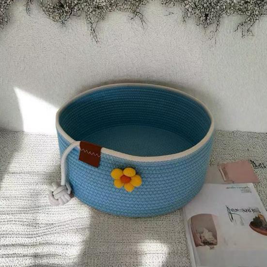 Round Cat Bed Basket Cotton Rope Woven Pet Bed with Cute Flower Toy Ball Breathable Cat Basket for All Seasons