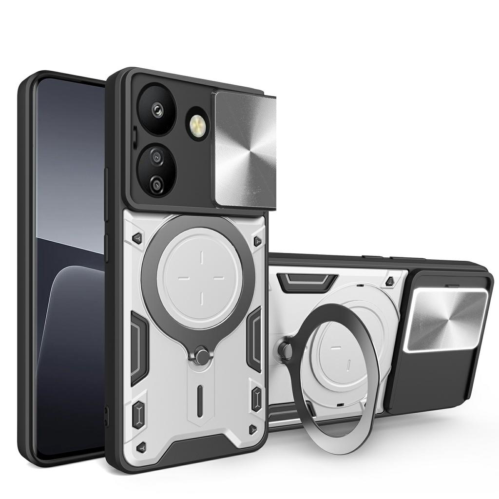 For Xiaomi Redmi 13C 4G/Poco C65 4G Case Slide Camera Lid TPU+PC Hybrid Phone Cover with Kickstand