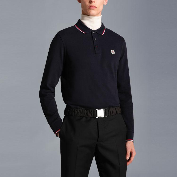 Moncler FW22 Uni Logo-Aufnäher Baumwolle Langarm Poloshirt Herren Poloshirts Marineblau H20918B701008455677X
