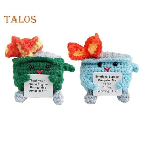 2Pcs Positive Crochet Flame Dumpster with Encouraging Card Emotional Support Handmade Knitting Trash Can Doll Decoration Ornament