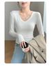 Spicy Girl Slim-Fit V-Neck Long-Sleeve Women's T-Shirt: Versatile, Solid Color, Ideal for Spring, Autumn, Winter.