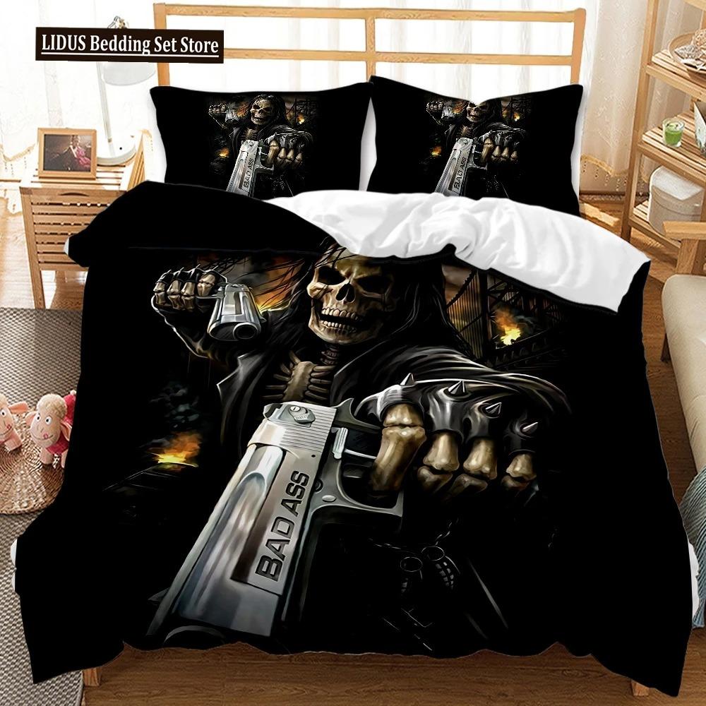 3D Totenkopf Bettbezug Set, Gothic Totenkopf Bettwäsche Sets, Totenkopf Skelett Bettdeckenbezug Full Queen Größe, Halloween Horror Steppdeckenbezug