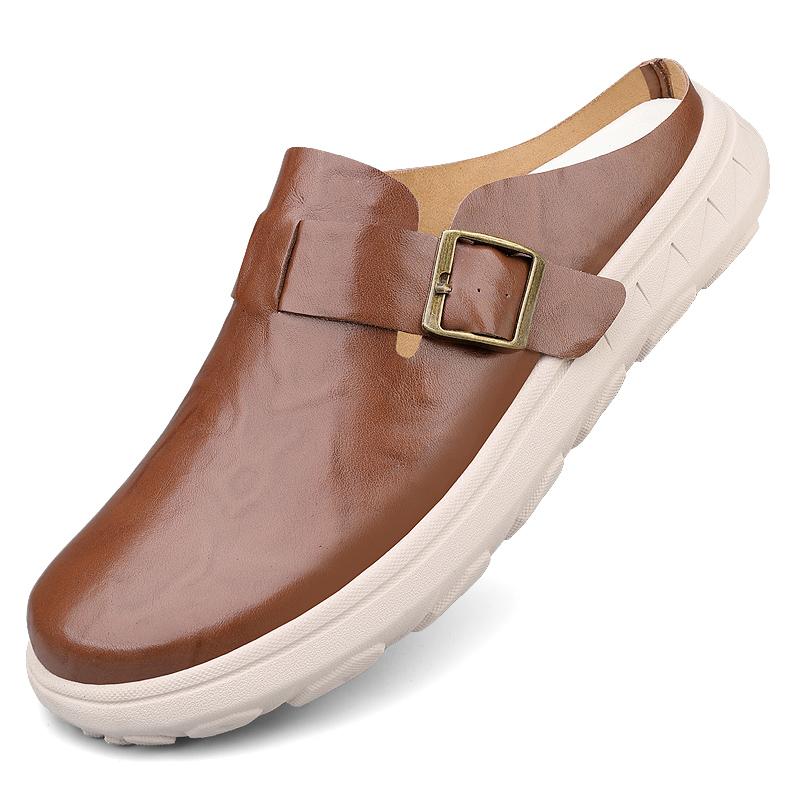 

Mens Leather Slippers Thick Soles Half Shoes For Men Summer Casual Sandals With Buckle Soft Comfort Indoor Outdoor 38