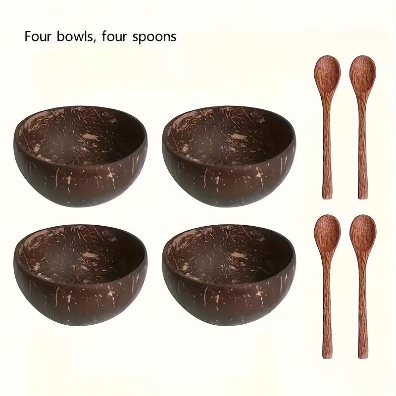 2 Stück/4 Stück Kokosnussschale und Holzlöffel Set Gesunde Vegetarische Salatschüssel Set Eiscreme Schüssel, Natürliche Kokosnussschale Küchenbesteck Set Utensilien Geschenk