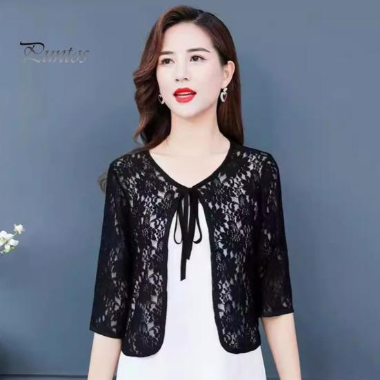 Women Fall Spring Coat Lace-up Floral Embroidery Solid Color Shawl Three Quarter Sleeves Loose Hollow Out Lace Round Neck Short Type Sun Protection